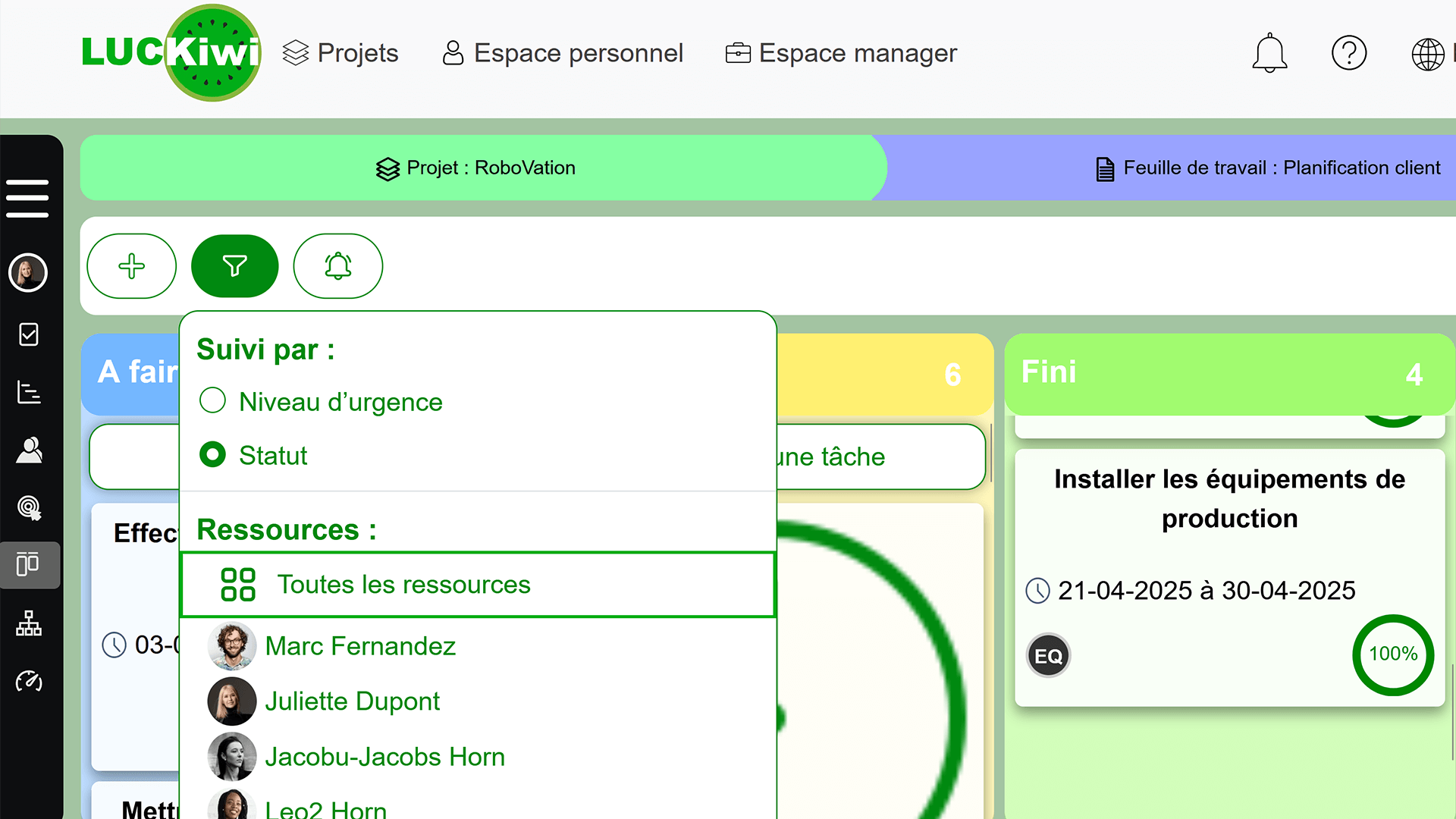 Filtering and search interface for tasks by member, status and priority