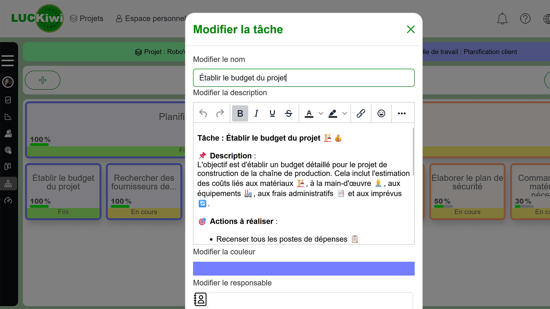 Interface d'ajustements instantanés permettant de réorganiser, ajouter ou supprimer des tâches