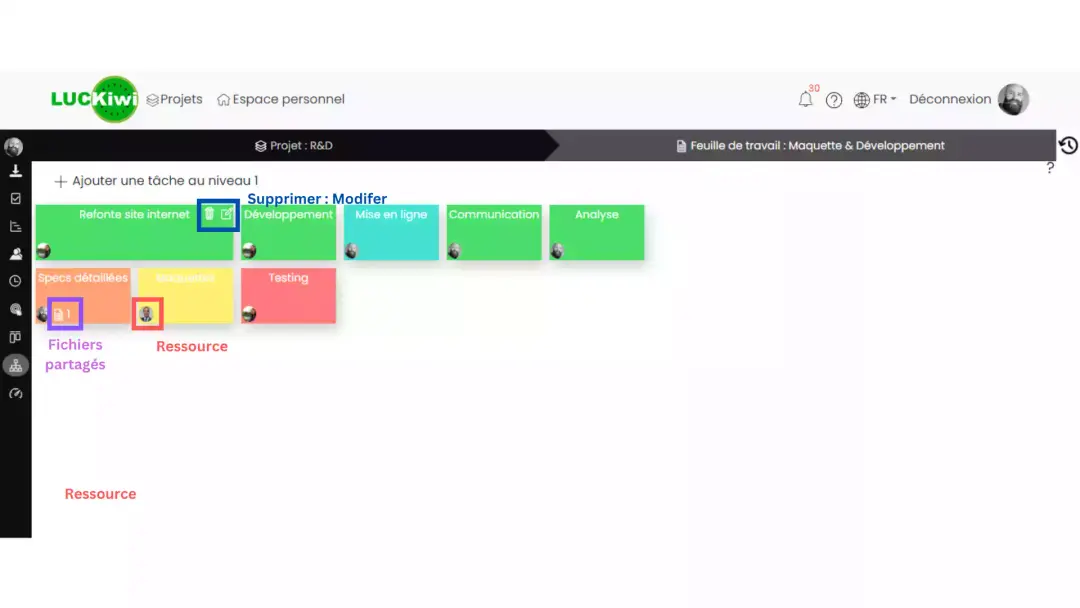 Interface utilisateur de LUCKiwi WBS montrant la fonctionnalité glisser-déposer pour organiser les tâches